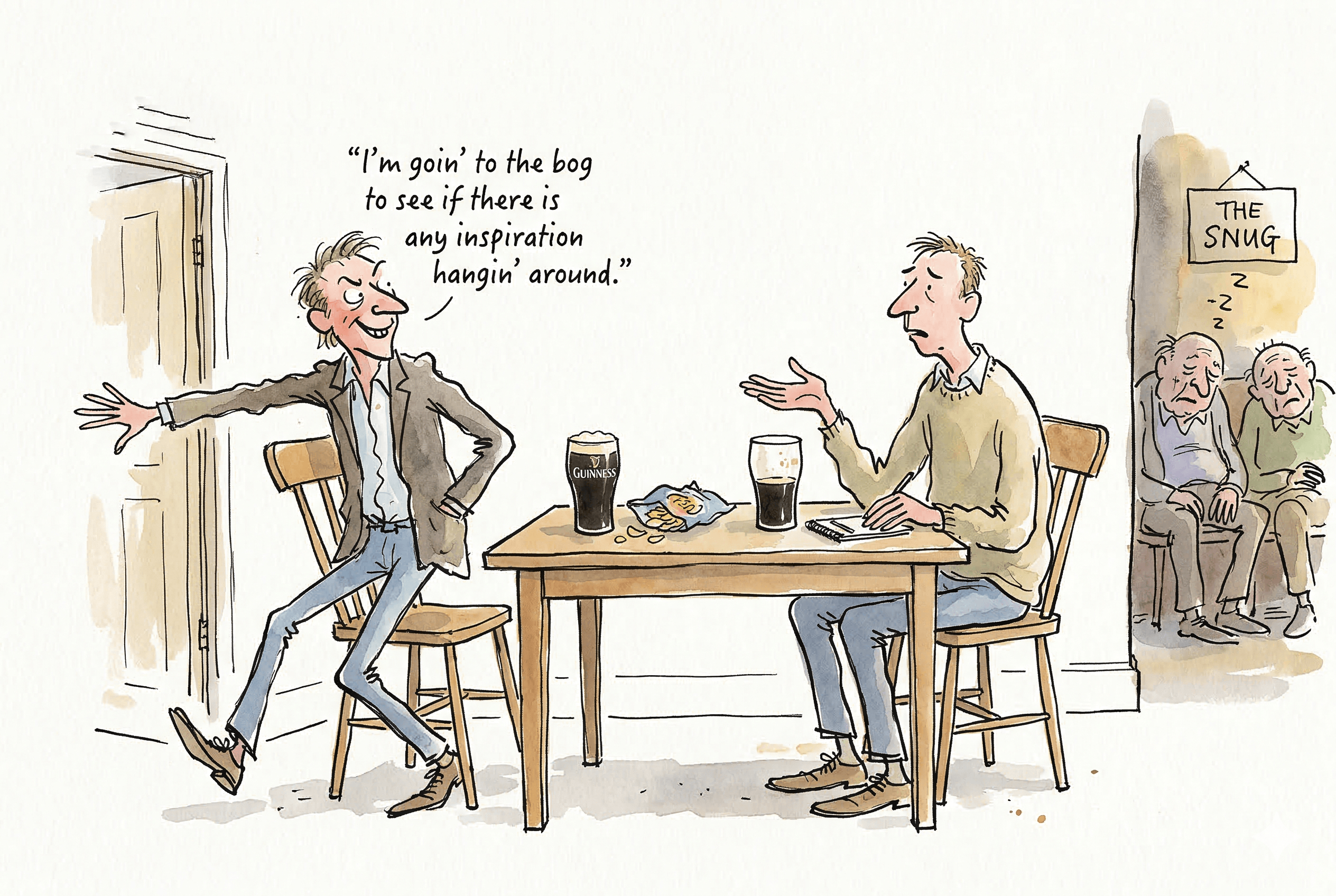 Baz and Kev sat in the pub with pints of Guinness