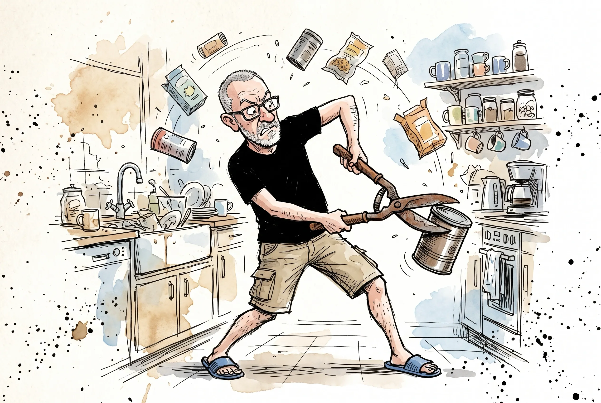 A picture of a man struggling to open a package.