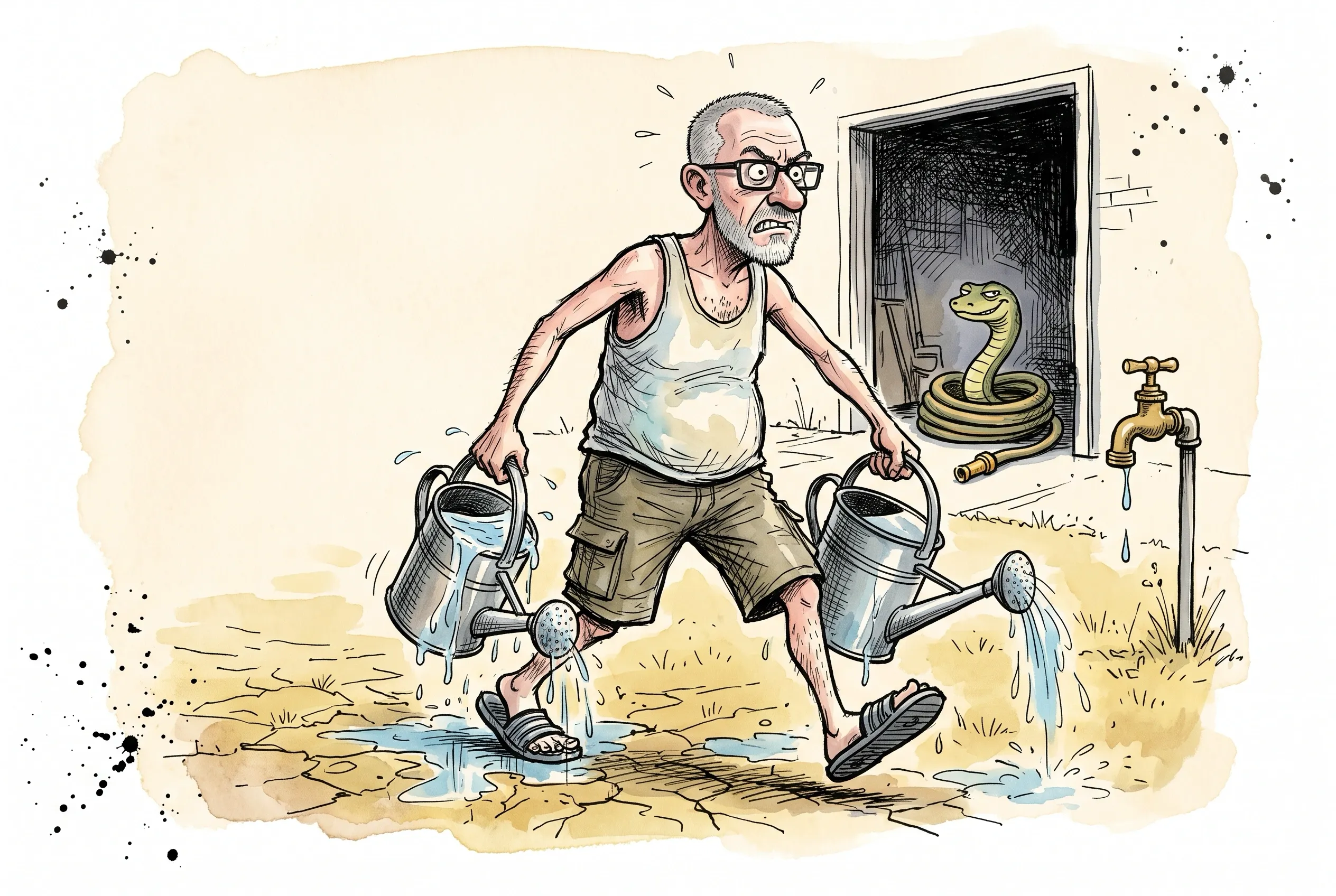 A picture of a man watering a plant.