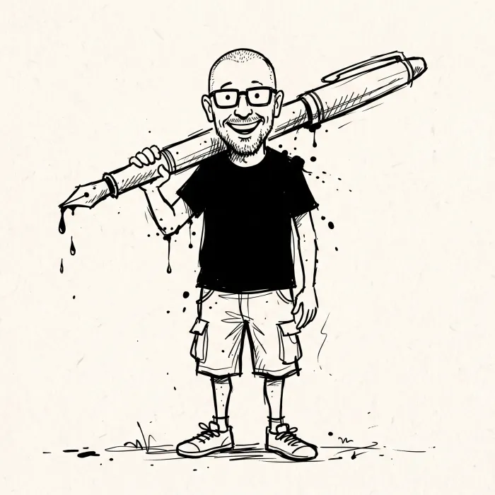 Self-portrait of the author drawing with a giant ink pen